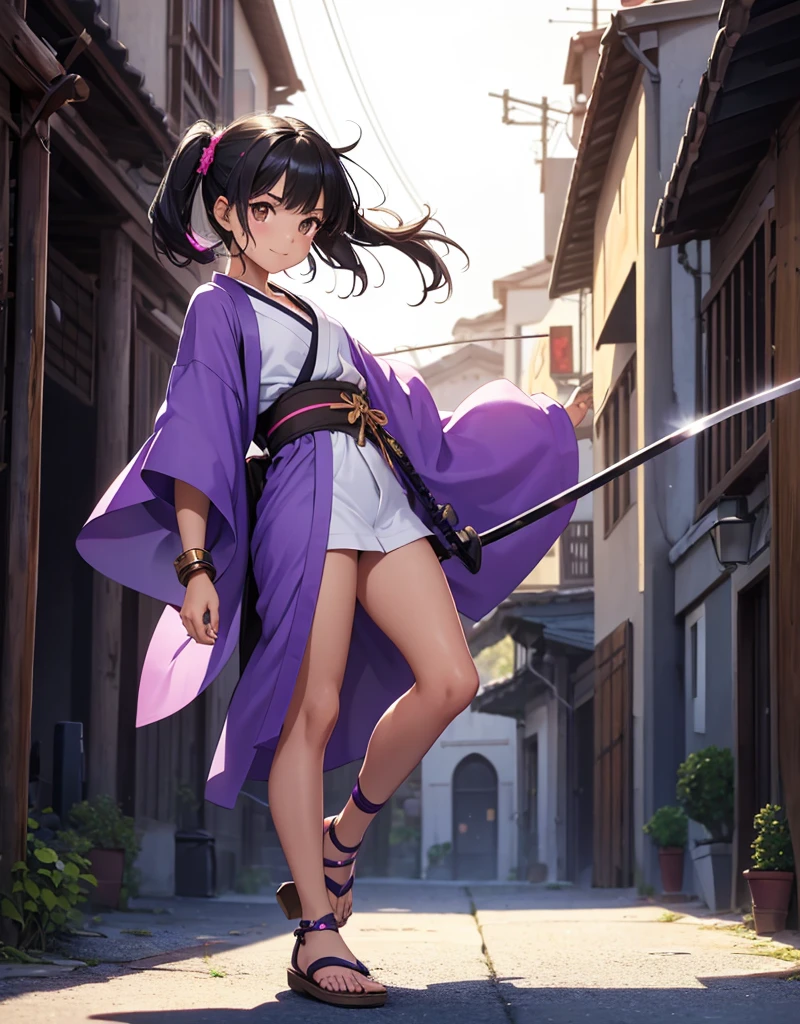 Young girl with black hair, brown eyes and olive skin, innocent and happy, wearing neon purple short kimono, armlets and sandals, weilding katana, fullbody, medieval background, athletic