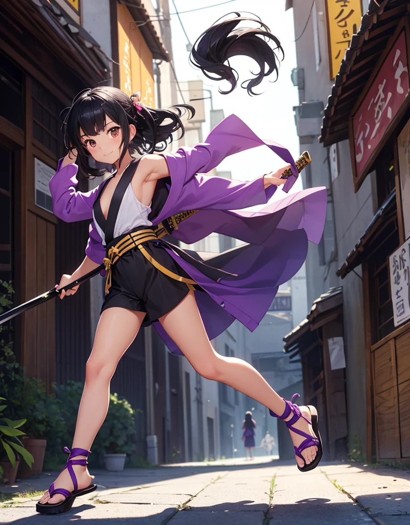 Young girl with black hair, brown eyes and olive skin, innocent and happy, wearing neon purple short kimono, armlets and sandals, weilding katana, fullbody, medieval background, athletic