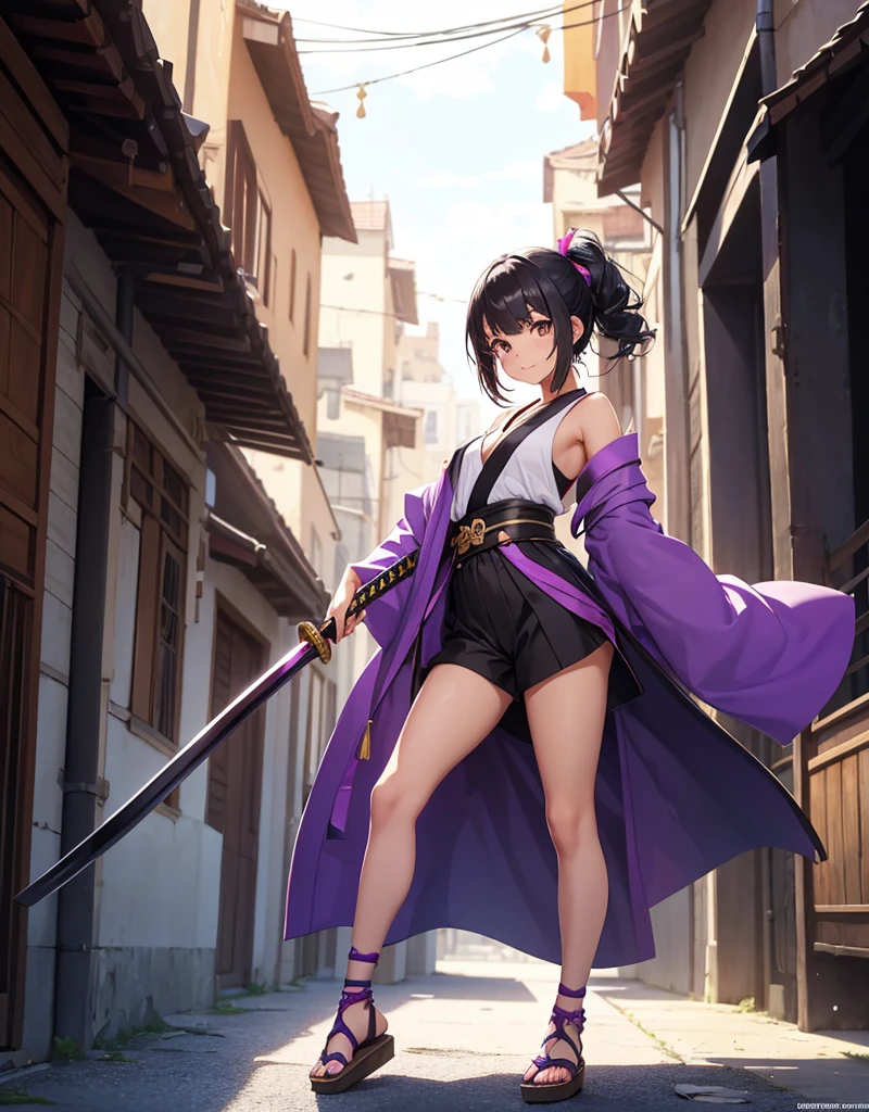 Young girl with black hair, brown eyes and olive skin, innocent and happy, wearing neon purple short kimono, armlets and sandals, weilding katana, fullbody, medieval background, athletic