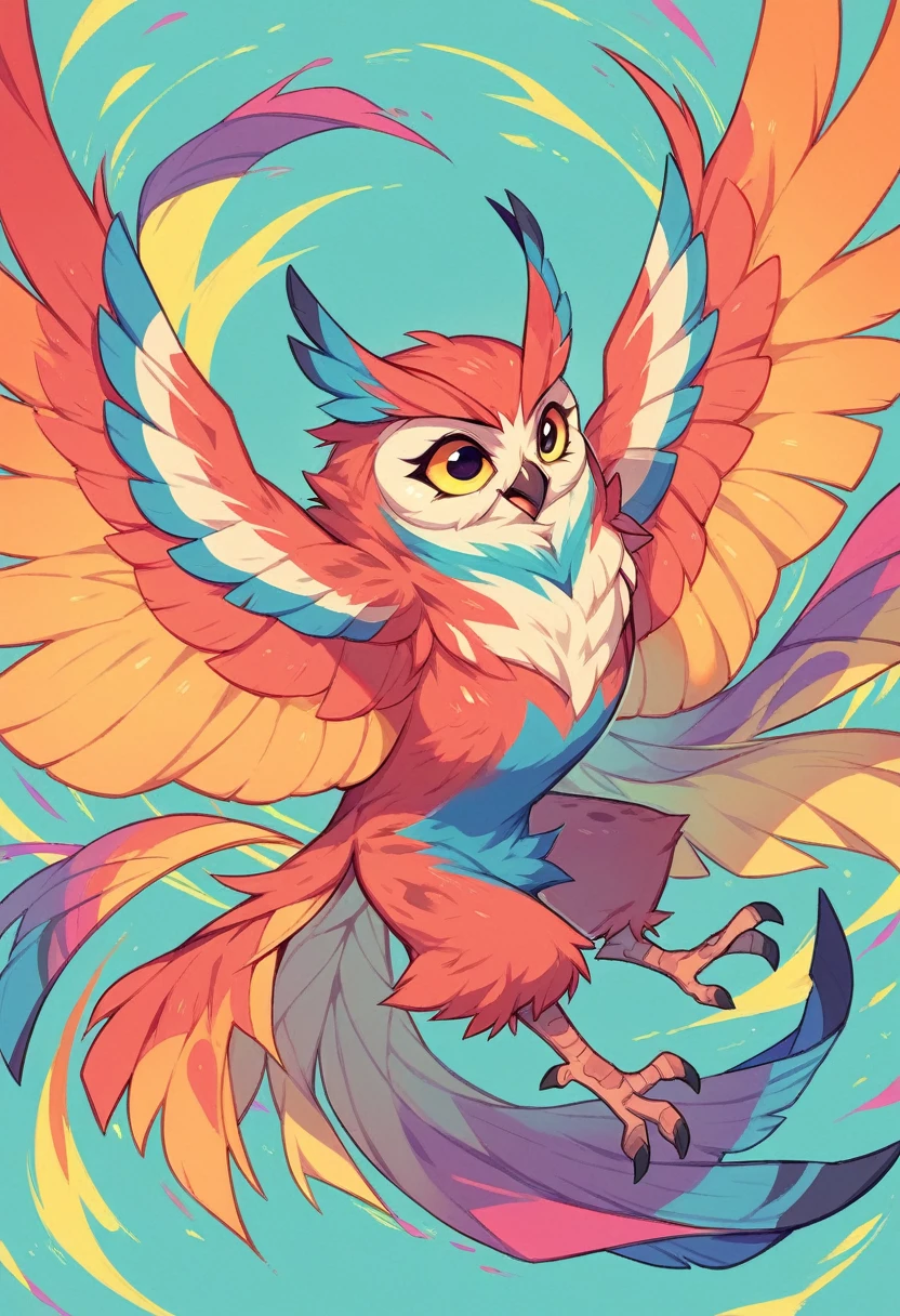 Abstract owl, colorful colors, with open wings, fluffy, adorable, unreal, Aquarell, sharp edges and lines