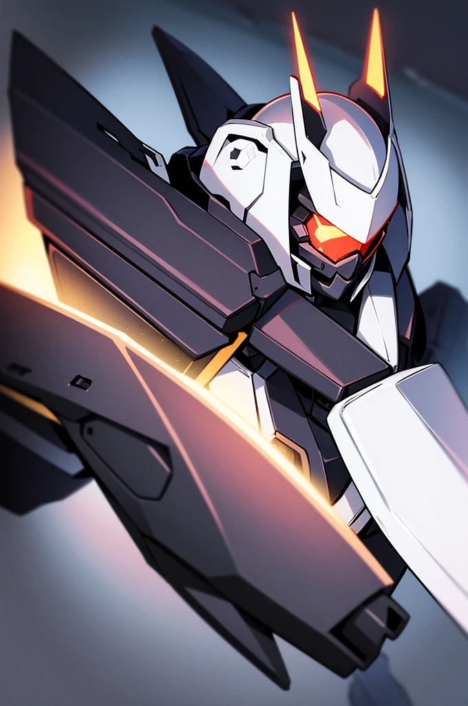 black battle mech, dynamic perspective,simple detaled, full body, heavy armor , white cape , face cover helmet with horns, white scarf, no background, warhammer style, woman shape, anime style, shield
