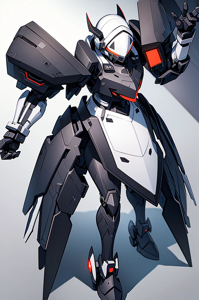 black  battle mech, dynamic perspective,simple  detaled, full body, heavy armor , white cape , face cover helmet with horns, white scarf, no background, warhammer style, woman shape, anime style, shield