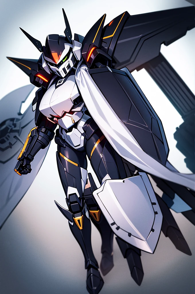 black battle mech, dynamic perspective,simple detaled, full body, heavy armor , white cape , face cover helmet with horns, white scarf, no background, warhammer style, woman shape, anime style, shield