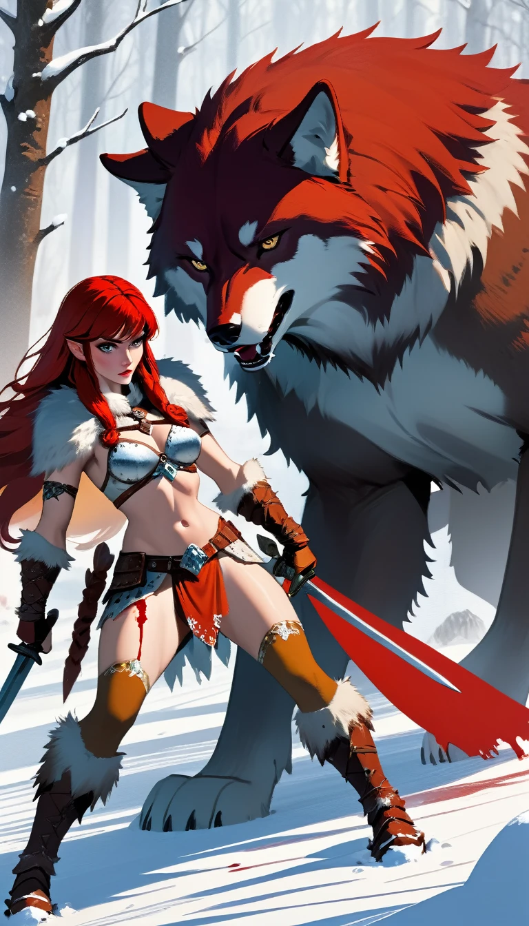 A fierce redhead warrior, Red Sonja, with her companion a huge giant wolf in a snowy landscape, blood stains on the pristine white snow (best quality, 4k, 8k, high resolution, masterpiece: 1.2), ultra detailed,,vivid colors,bokeh,portraits,concept art,dramatic lighting,cold tones,snow, ice, winter, art inspired by Bill Sienkiewicz