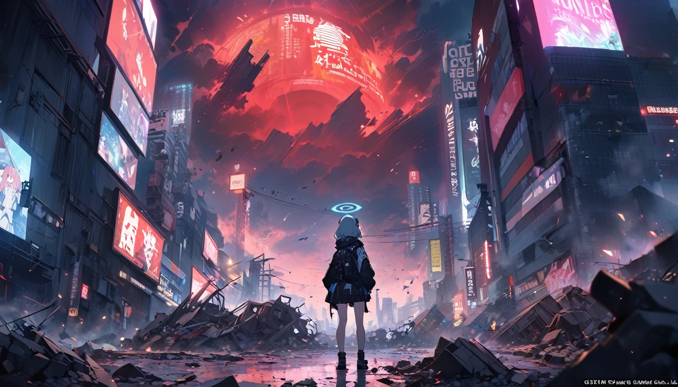 1girl, blue archive, cityscape, apocalyptic, red_sky, debris, billboards, japanese_text, anime_style, dramatic_lighting, urban, chaos, vibrant_colors, night, neon_signs, destruction, wide_shot, cloud_fragments, floating_debris, ominous_atmosphere, digital_art, official art, ((very aesthetic, best quality, ultra detailed))