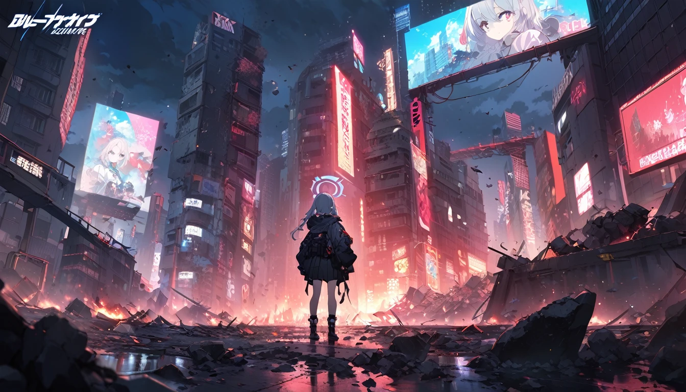 1girl, blue archive, cityscape, apocalyptic, red_sky, debris, billboards, japanese_text, anime_style, dramatic_lighting, urban, chaos, vibrant_colors, night, neon_signs, destruction, wide_shot, cloud_fragments, floating_debris, ominous_atmosphere, digital_art, official art, ((very aesthetic, best quality, ultra detailed))