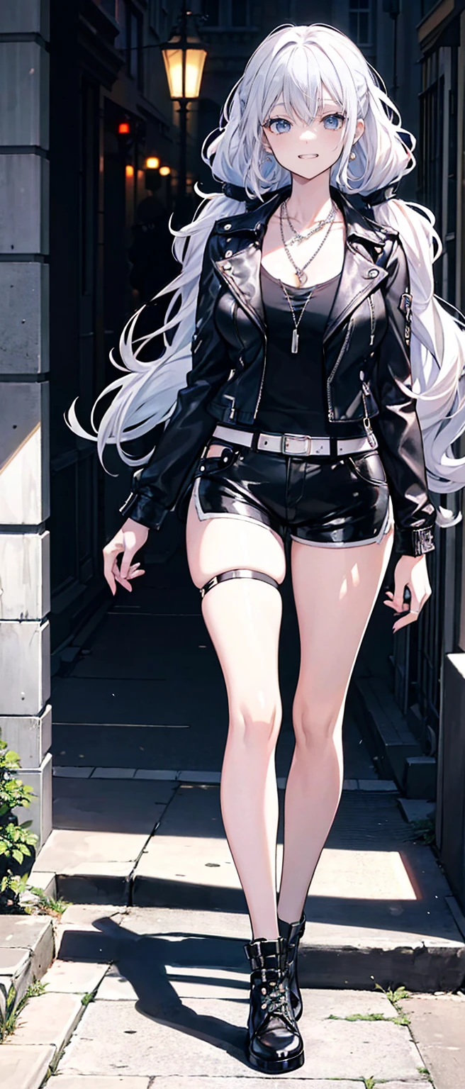 High resolution, high resolution,2D Anime Style,,Cool woman,Gal,tall,20th Generation,White hair long hair,Curly hair twin tails,Light blue eyes,Gal,Beautiful watch,Beautiful earrings,Lots of beautiful necklaces,Punk Fashion,Leather shorts,leather jacket,He is smiling,Has fangs,whole body,Walking around the city,