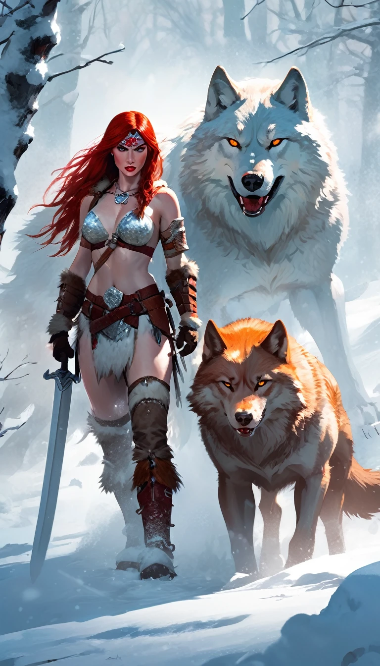 A fierce redhead warrior, Red Sonja, with her companion a huge giant wolf in a snowy landscape, blood stains on the pristine white snow ultra detailed,,vivid colors,bokeh,portraits,concept art,dramatic lighting,cold tones,snow, ice, winter, art inspired by Bill Sienkiewicz