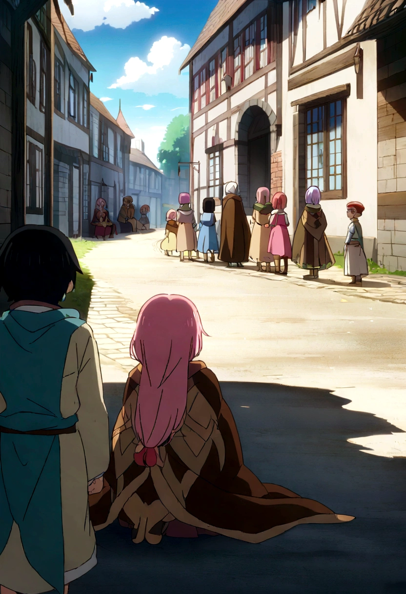 anime、On the road、Daytime、The children are sitting。Surrounded by children。Let the children listen。In the town。Cinematic shots, At the Crossroads, A bard with a lute and a star-cloak. ., (anime イラスト :1.3)、Pink hair girl