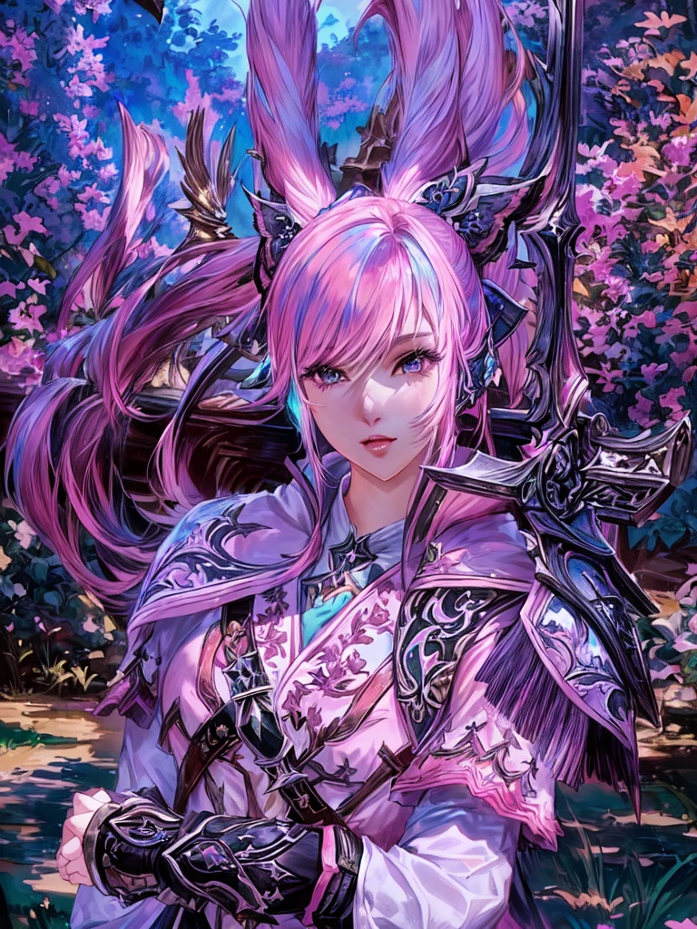 Closeup of a costumed person with pink hair, final fantasy style 14, Final Fantasy 1 4, Final Fantasy 1 4 screenshot, ffxiv cielo, Final Fantasy XIV, ffxiv, final fantasy 14 sharp, thinning pink hair, Pink hair and cyan eyes., character close up, character closeup, female character with bigger eyes and with a bow on her back you can make a very beautiful forest environment detalla su arco de atras que tenga una cara seductora