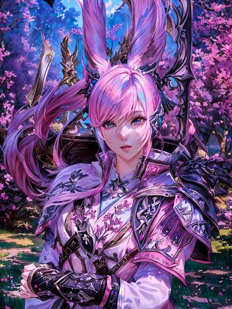 Closeup of a costumed person with pink hair, final fantasy style 14, Final Fantasy 1 4, Final Fantasy 1 4 screenshot, ffxiv cielo, Final Fantasy XIV, ffxiv, final fantasy 14 sharp, thinning pink hair, Pink hair and cyan eyes., character close up, character closeup, female character with bigger eyes and with a bow on her back you can make a very beautiful forest environment detalla su arco de atras que tenga una cara seductora