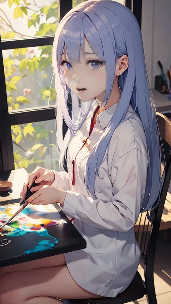 アニメ girl with a brush and a painting board in front of a window, painted in アニメ painter studio, Realistic cute girl drawing, beautiful アニメ portrait, アニメ. Soft lighting, Detailed painting 4k, アニメ realism style, realistic アニメ artstyle, Gweiz-style artwork, realistic アニメ art style, made with アニメ painter studio, portrait アニメ girl,Bad mood,Laugh so hard you might cry,It&#39;s so funny and so entertaining