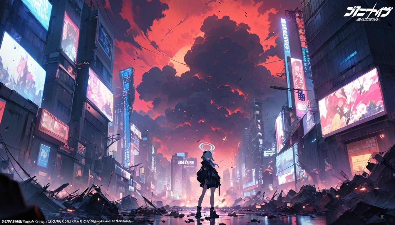 1girl, blue archive, cityscape, apocalyptic, red_sky, debris, billboards, japanese_text, anime_style, dramatic_lighting, urban, chaos, vibrant_colors, night, neon_signs, destruction, wide_shot, cloud_fragments, floating_debris, ominous_atmosphere, digital_art, official art, ((very aesthetic, best quality, ultra detailed)), vector art