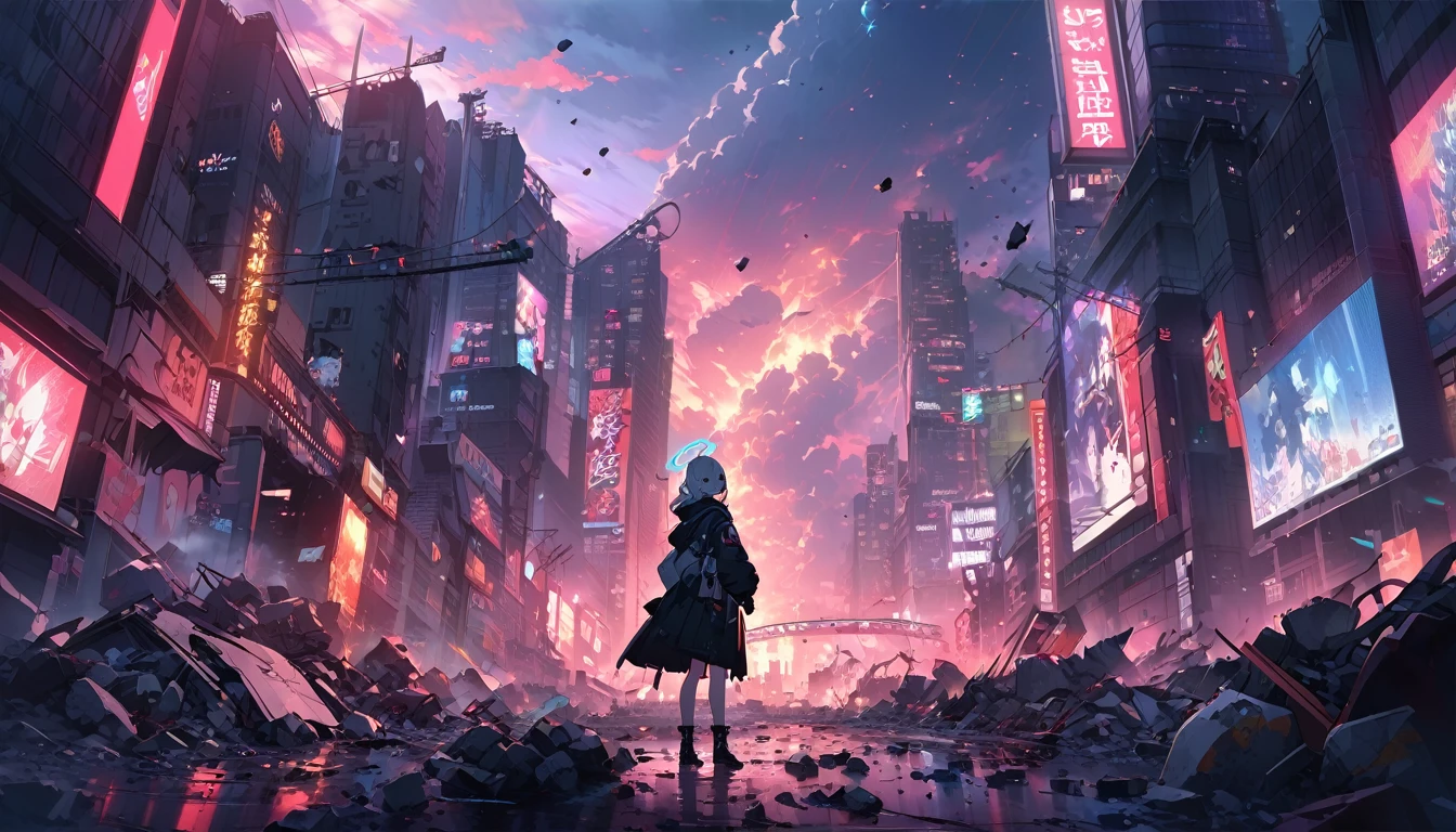 1girl, blue archive, cityscape, apocalyptic, red_sky, debris, billboards, japanese_text, anime_style, dramatic_lighting, urban, chaos, vibrant_colors, night, neon_signs, destruction, wide_shot, cloud_fragments, floating_debris, ominous_atmosphere, digital_art, official art, ((very aesthetic, best quality, ultra detailed)), vector art