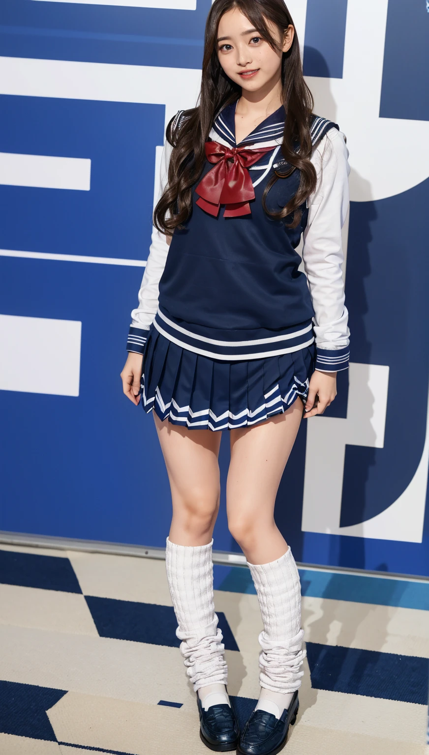 ((highest quality、8k、masterpiece:1.3)),((((fullbody shot)))),Ultra-high resolution,big eyes,Japanese,forehead,bangs,(a girl),(1 girl),((16 years old)),((cute)),pretty,((facing at viewer)),(long hair),(((black sailor uniform))),grin,((standing)),(loafers),(pleated mini skirt),((from above))