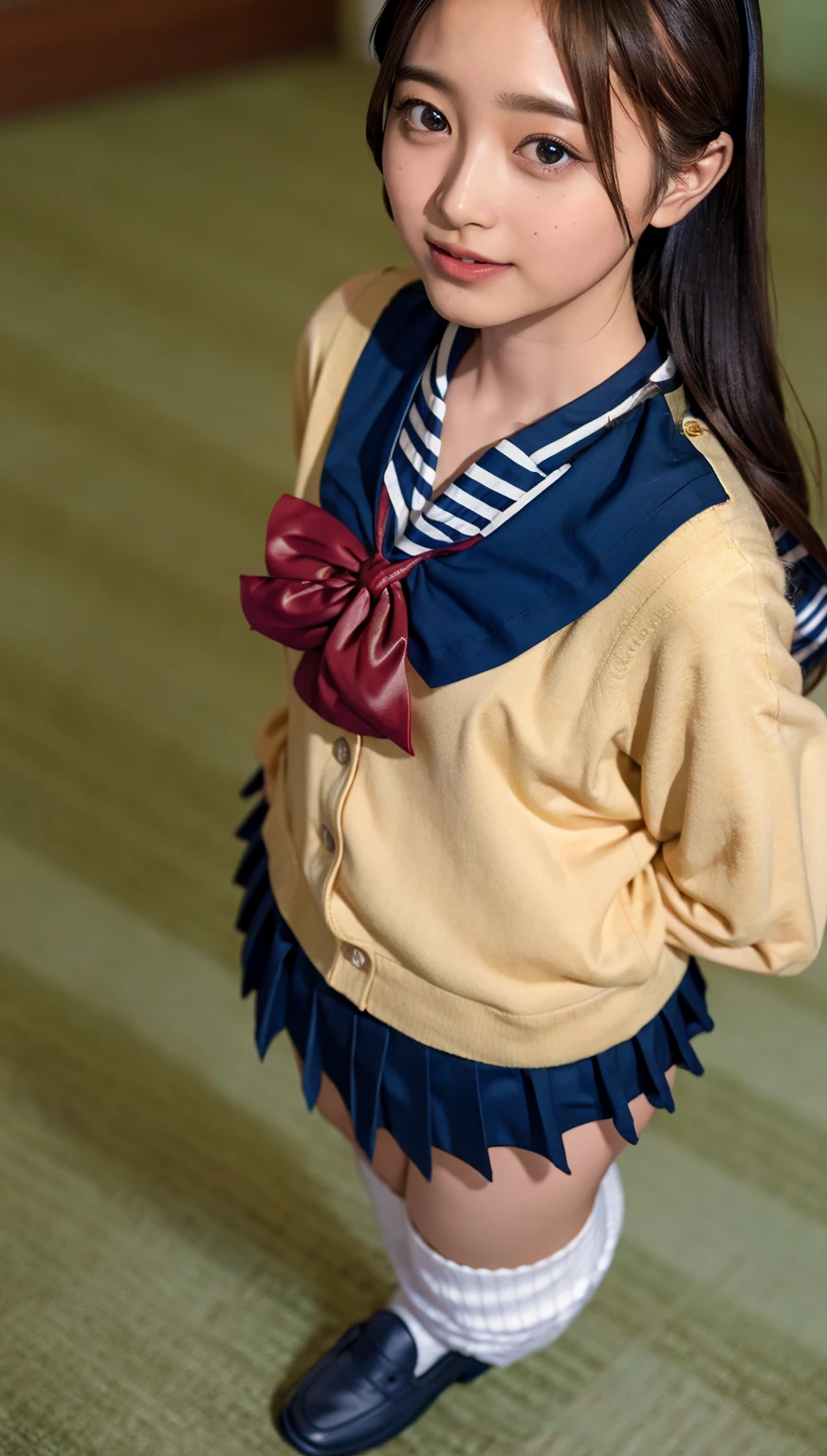 ((highest quality、8k、masterpiece:1.3)),((((fullbody shot)))),Ultra-high resolution,big eyes,Japanese,forehead,bangs,(a girl),(1 girl),((16 years old)),((cute)),pretty,((facing at viewer)),(long hair),(((black sailor uniform))),grin,((standing)),(loafers),(pleated mini skirt),((from above))