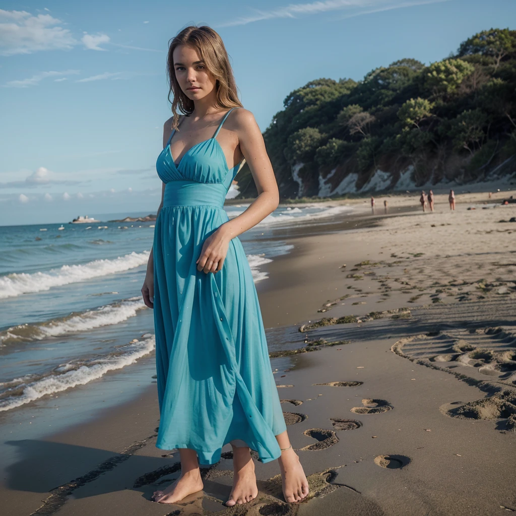 cropped photo of a woman in a blue dress standing on the beach, taylor fast with green dress, taylor fast modeling, taylor fast as a heavenly angel, taylor fast, fast, portrait photo of taylor fast, photograph of taylor fast, photo shoot for magazine, glossy photo shoot for magazine, portrait of , photo shoot for magazine, in blue dress, solo photo shoot
