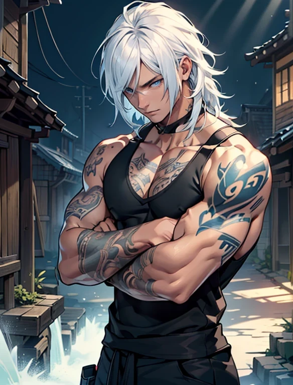 ultra detail, high resolution, ultra detailed, best quality, amazing, top quality, extremely detailed CG 8k wallpaper unit, cinematic lighting, handsome young man, detailed background of ninja village, black tank top, lean, intricate tattoos on both arms, slender, long white hair, bob hair style, blue eyes