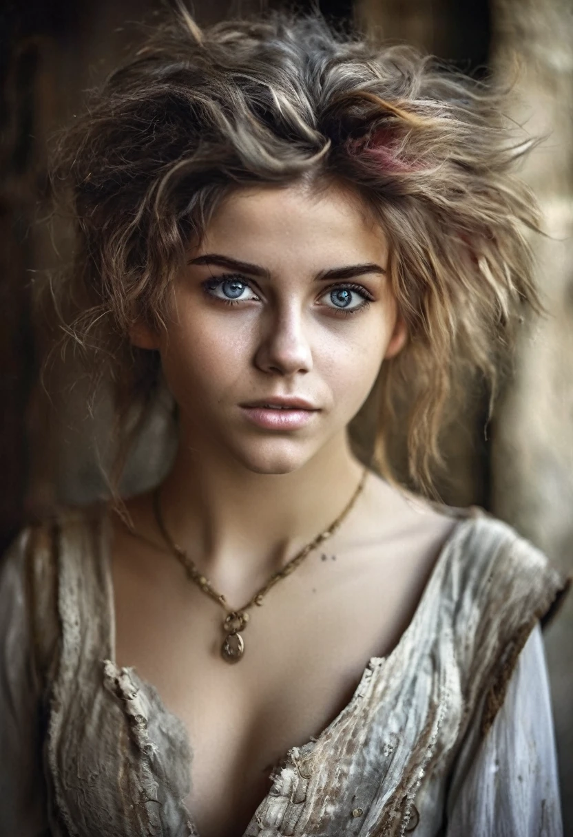 photorealistic, cute woman with messy hair and poor tattered clothes, beautiful sexy, (detailed medieval background), ultra sharp focus, detailed face, (((posing))),  random hair color, short hair, pretty eyes, whole body, High quality analog color photography.,  depth of field, film grain 