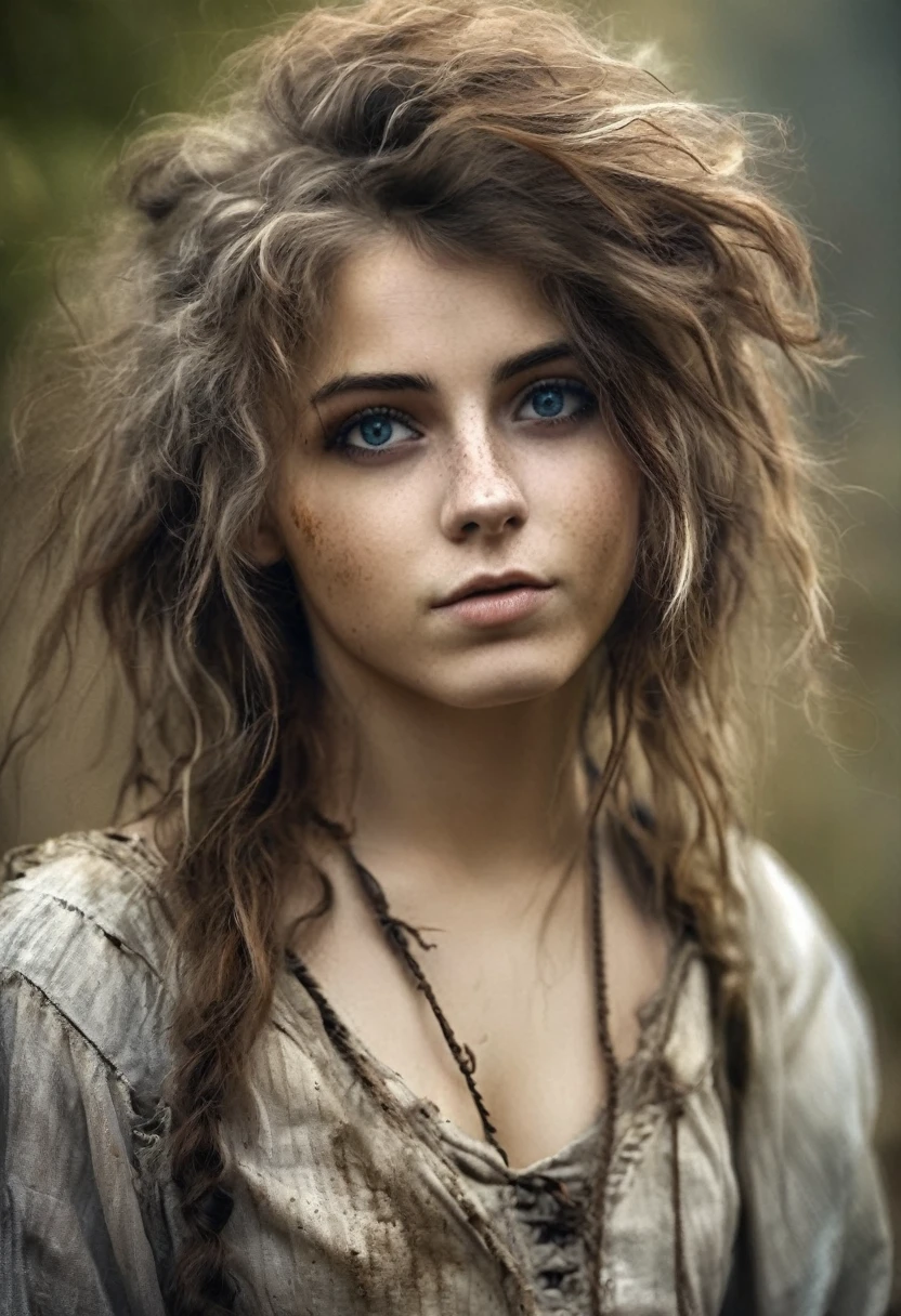 photorealistic, cute woman with messy hair and poor tattered clothes, beautiful sexy, (detailed medieval background), ultra sharp focus, detailed face, (((posing))), random hair color, short hair, pretty eyes, whole body, High quality analog color photography., depth of field, film grain