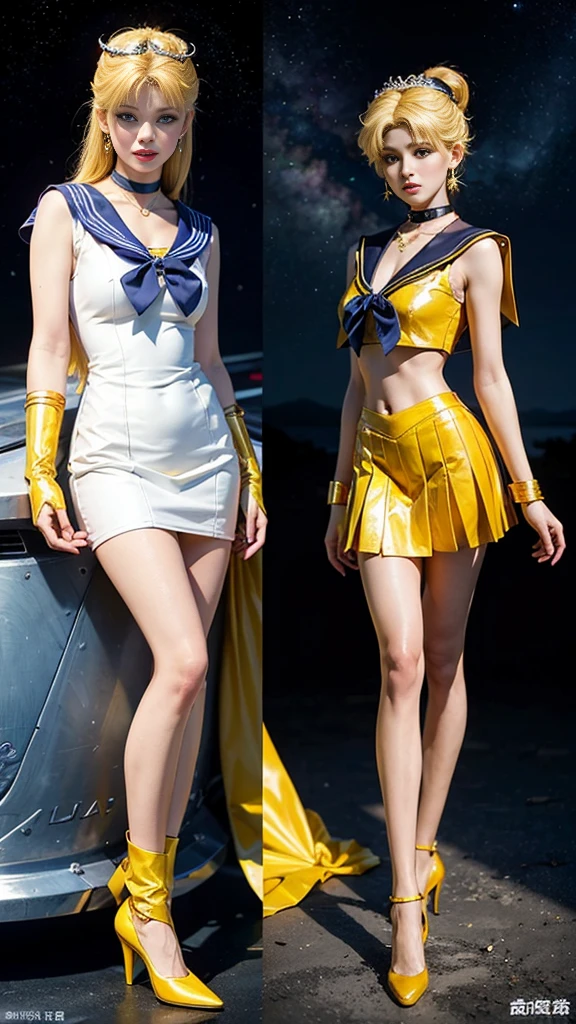 ((masterpiece:1.4)、(Highest quality:1.4)、(Realistic:1.7))、Masterpiece:1.4、Beautiful girl、(Sailor Moon 0:1.4)、tsukino usagi、Body Fit Sexy Sailor Warrior Uniform、(Latex Gloss)、(The jacket is a white sleeveless sailor suit.)、(Skirt Blue Sexy Ultra Ultra Pleated Mini Skirt)、The collar of the sailor suit is blue.、There are two thin lines.、High leg swimsuit、Red cloth decoration on chest、(wearing white gloves)、pretty girl、Super Beauty、Sharp focus、Portrait Photography、(Perfect female body:1.4)、Perfect Proportions、Upper body photo shoot:1.4、Beautiful expression、Beautiful Eyes、Tight waist、Beautiful feet、(Yellow Hair:1.4)、(Hair length:1.2)、Beautiful breasts、Big ample breasts:1.2、Sexy ass、RAW Photos、Red lips、Red High Heels:1.4、choker:1.4、necklace:1.4、Earrings:1.4、Gorgeous golden tiara:1.4、1 Screen Display、moon、Cosmos、Spaceship、Space Station、City of the Future