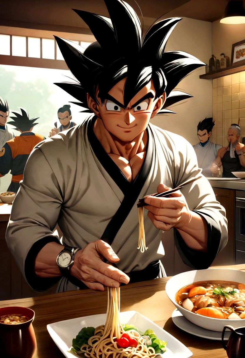 dragon ball goku，Big Monkey, Full body portrait，a real，Facial features are carefully depicted，realistic skin texture，Dark Style，depth of field，mark，Real Light，Ray tracing，oc gerendert，hyper-realistic，best quality，8K，Works of masters，superfine，Detailed pubic hair，correct ???????，sharp focus on eyes，Facial features are carefully depicted. Goku enjoys Chinese noodles at a restaurant" Description: In a cozy restaurant with oriental accents, Goku, The famous Saiyan warrior, Is in the kitchen, surrounded by delicious aromas. Dressed in his iconic martial arts uniform, Goku sits on a high stool in front of a kitchen counter.. A cup of steaming Chinese noodles stands in front of him, while holding the chopsticks skillfully. With a smile of anticipation, Goku is preparing enthusiastically, to try the noodles. His fellow Z-Warriors meet at a nearby table, Watch with amusement his encounter with earthly cuisine. behind him, the restaurant chefs, dressed in their traditional uniforms, They watch with admiration the legendary fighter, how he enjoys the food. The atmosphere is full of warmth and camaraderie, despite the epic adventures, that Goku and his friends regularly experience. Soft light enhances the scene, the colours of the ingredients and the decoration of the restaurant shine in a cozy luminosity. The image captures an unusual and relaxed moment in Goku&#39;s life, He shows his most human side, while enjoying a hearty meal amidst his amazing exploits.