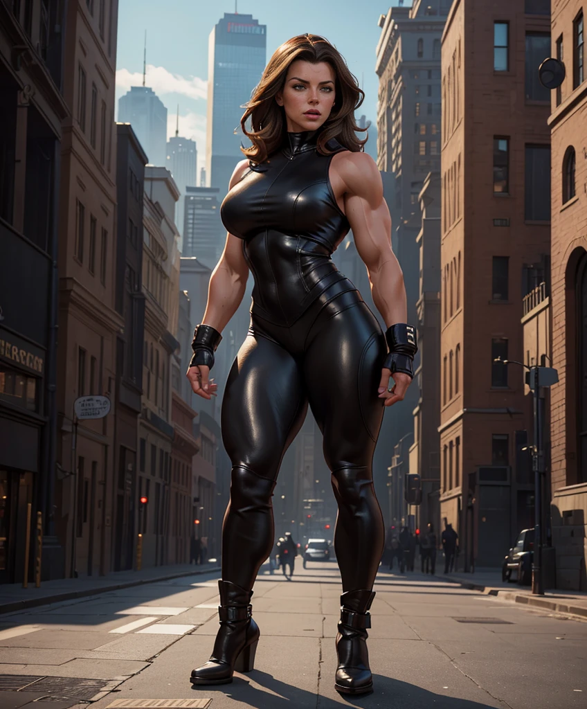 full body shot, Body profile of muscular female bodybuilders - large voluminous female muscles,in leather clothes, Hyper-realistic close-up photo of Kate Beckinsale, masterpiece, Best quality, (Photorealistic:1.4), Create dystopian masterpieces. Capture the cityscape in the game's gritty concept art style.. This work should evoke a feeling of abandonment and despair in a futuristic world., post-apocalyptic peace. Pay attention to subtle details, sharp focus.