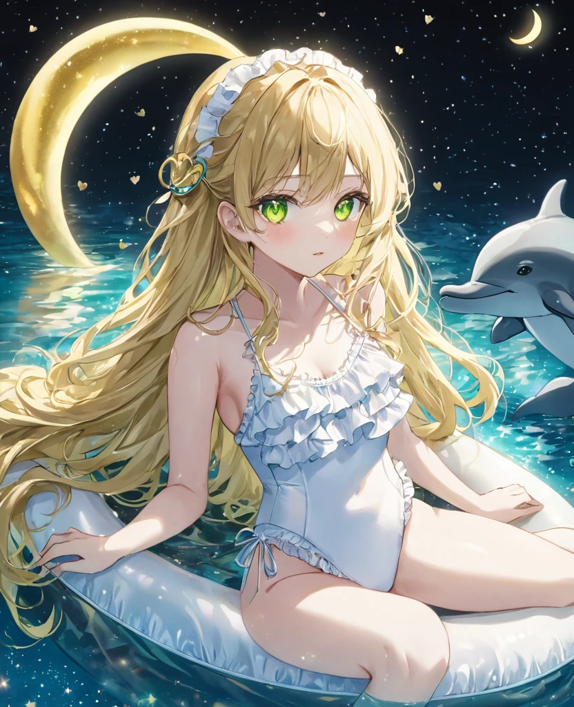 (masterpiece, best quality:1.2), (absurdres, highres, ultra-detailed), (perfect anatomy),
Beautiful woman、Night Pool、Dolphin on a float、Blonde、Fluffy longhair、Yellow-green eyes、Background glitter、night、Crescent Moon、heart、White frilly swimsuit
(8K, RAW photo:1.2),detailed face and eyes,intricate detail ,masterpiece ,sharp focus, high quality,BREAK,rating: general, newest
