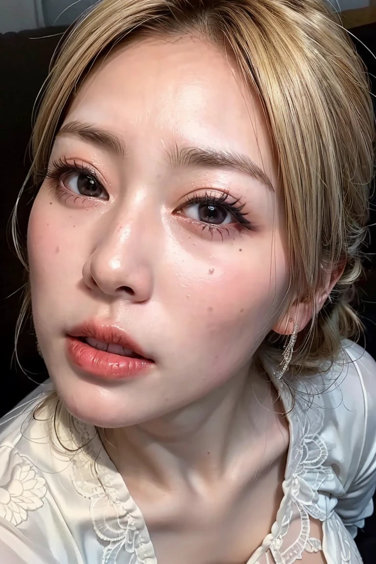 (Realistic:1.3、Ultra HD、Ultra-high resolution、8K、Japanese Housewife、寝室でBlowjobチオをするMature Woman:1.5、At the bed)、((Look Viewer:1.8))、(Extremely realistic skin texture:1.4)、(Realistic:1.3)、short hair、((Embarrassed expression:1.5))、(blonde:1.5)、48-year-old woman、Mature Woman、Ponytail Hairstyles、(Brown eyes:1.3)、(Face close-up:1.22)、(Sweaty:1.2)、(Nipplesを見せる)、((衣服から突き出たNipples,))、dress、美しいNipples、Nipples、(Shooting from the side:1.1)、Drooling、((Blowjobチオ:1.6、Blowjob、Cum in mouth、Bukkake))