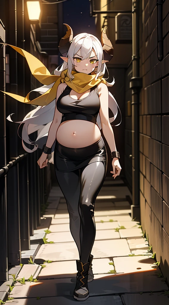 1girl,long hair, white hair,curly hair,yellow eyes,(angry face), medium ,show belly,cleavage,horns,elf ears,((yellow scarf)),(((walking in an alley of a city at night,night))),cowboy shot,from front,(black tank top,black pencil skirt,black leather pants), (pregnant)