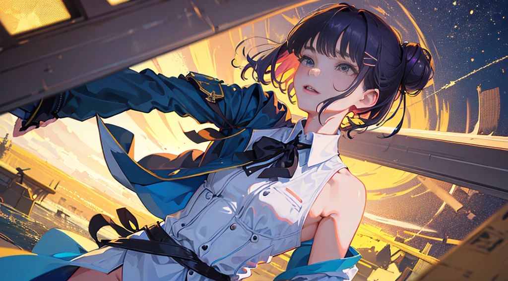 Top Quality, 8K, 4K, High Definition, Detail, (better-quality, 8K, 12), top-quality, 1 girl、purple short bob hair clip tied into a bun、black eyes、small breasts、uniform、gray jacket with pink line、blue skirt、 fingerless gloves、thighs、Ilcha fousing on her, surprise face, having her handon her face, making cute expressing face. picture pose, she is standing up, she has a loil pop in her mouth, she up close only showing her wraist and up.