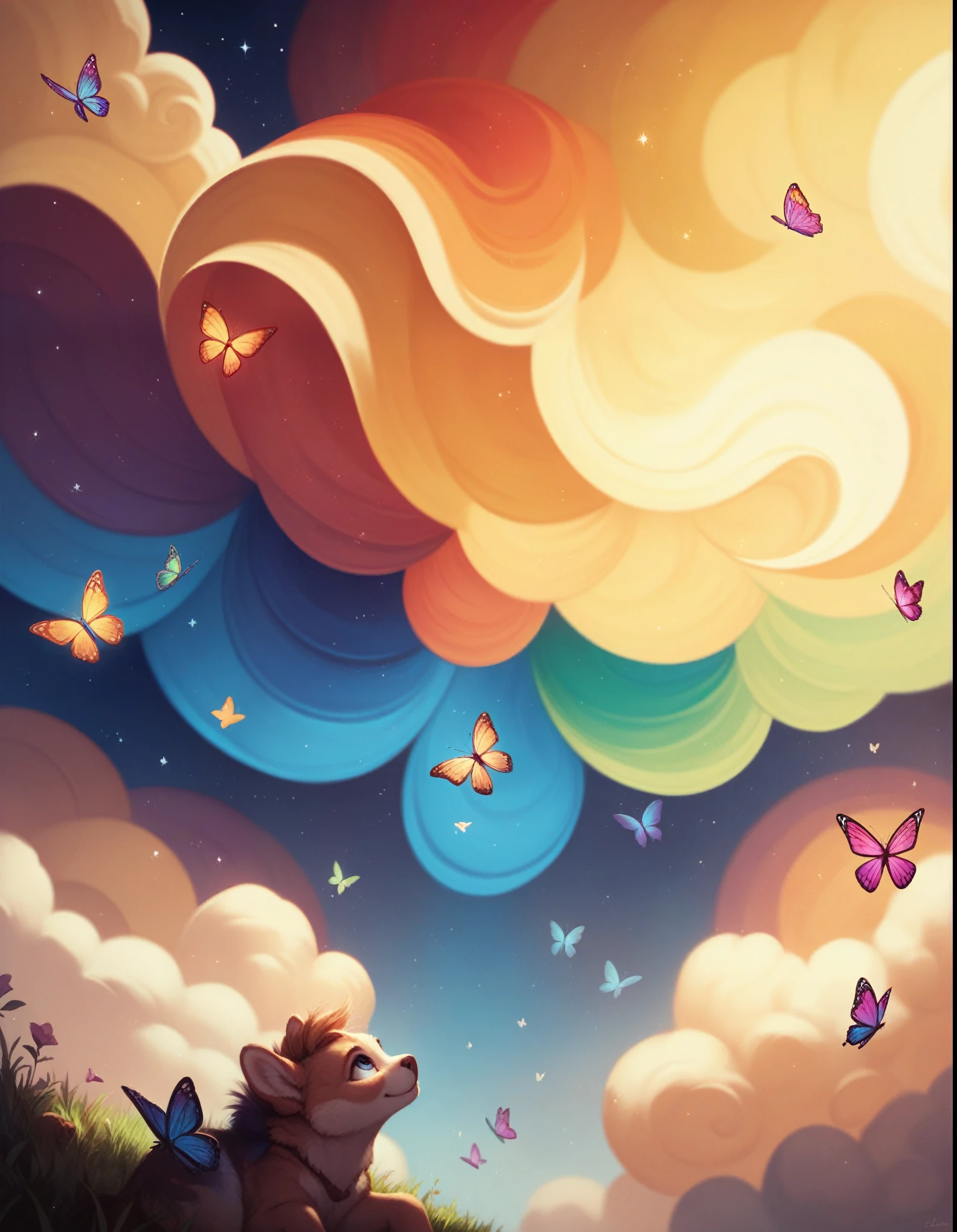 ((best quality)), ((masterpiece)), (detailed), Drawing a cute rainbow-colored round monster in space, rainbow-colored grass and butterflies flying on the water, looking up at the starry sky. Surrounding her with colorful nebulas and colorful forests. --auto --s2