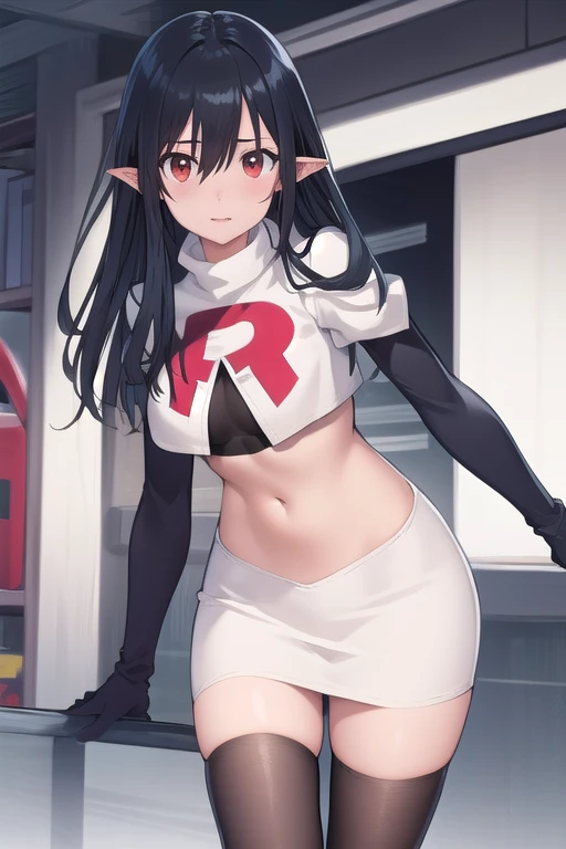 ((masterpiece)),(best quality),official art,extremely detailed CG,unity 8k wallpaper,ultra detailed,1girl,solo,black_hair,pointy_ears,long_hair,red_eyes,looking_at_viewer,bangs,hair_between_eyes,team rocket,team rocket uniform,white skirt,red letter R,crop top,black thigh-highs,black elbow gloves
