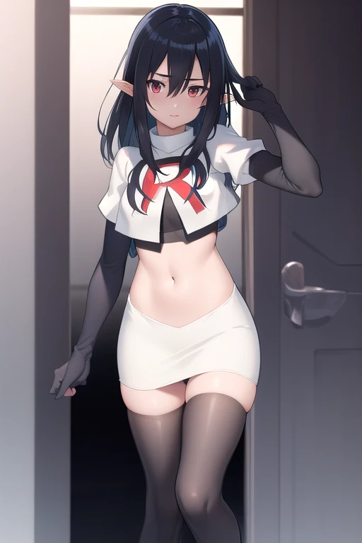 ((masterpiece)),(best quality),official art,extremely detailed CG,unity 8k wallpaper,ultra detailed,1girl,solo,black_hair,pointy_ears,long_hair,red_eyes,looking_at_viewer,bangs,hair_between_eyes,team rocket,team rocket uniform,white skirt,red letter R,crop top,black thigh-highs,black elbow gloves