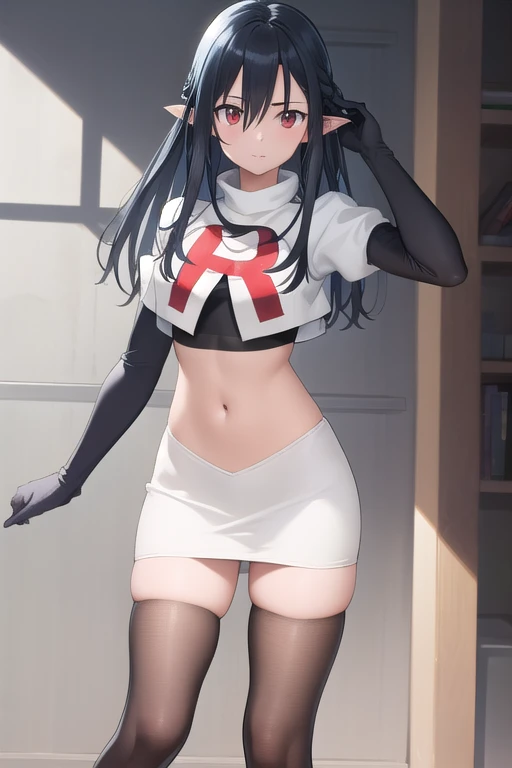 ((masterpiece)),(best quality),official art,extremely detailed CG,unity 8k wallpaper,ultra detailed,1girl,solo,black_hair,pointy_ears,long_hair,red_eyes,looking_at_viewer,bangs,hair_between_eyes,team rocket,team rocket uniform,white skirt,red letter R,crop top,black thigh-highs,black elbow gloves