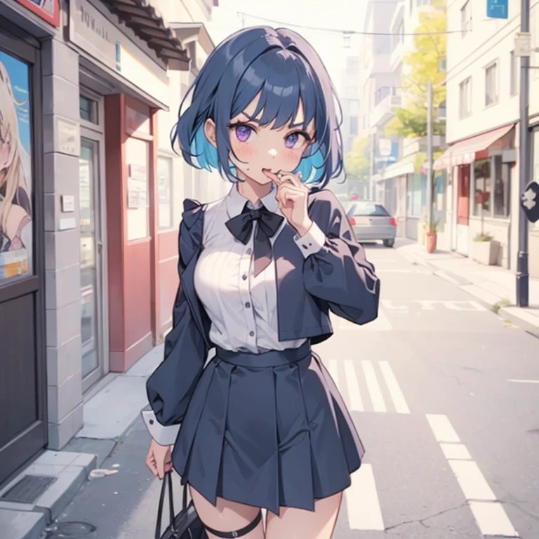 Young girl with blue hair,short straight hair and short bangs (purple eyes),, ((small bushy eyebrows)), wearing gothic lolita clothing, lolicon , medium large breast, breasts out of blouse, to school, bored look, bored face,, girl sucking penis cum bubbling out her mouth, in a street, girl giving a deepthroat blowjob to male, multiple vignettes
