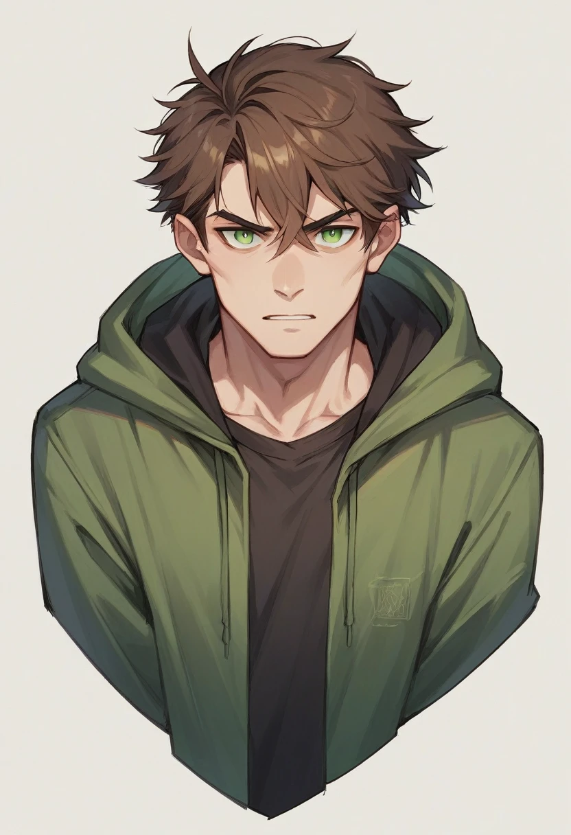 Stalker maniac, brown hair, green eyes, sinister, man, hoodie