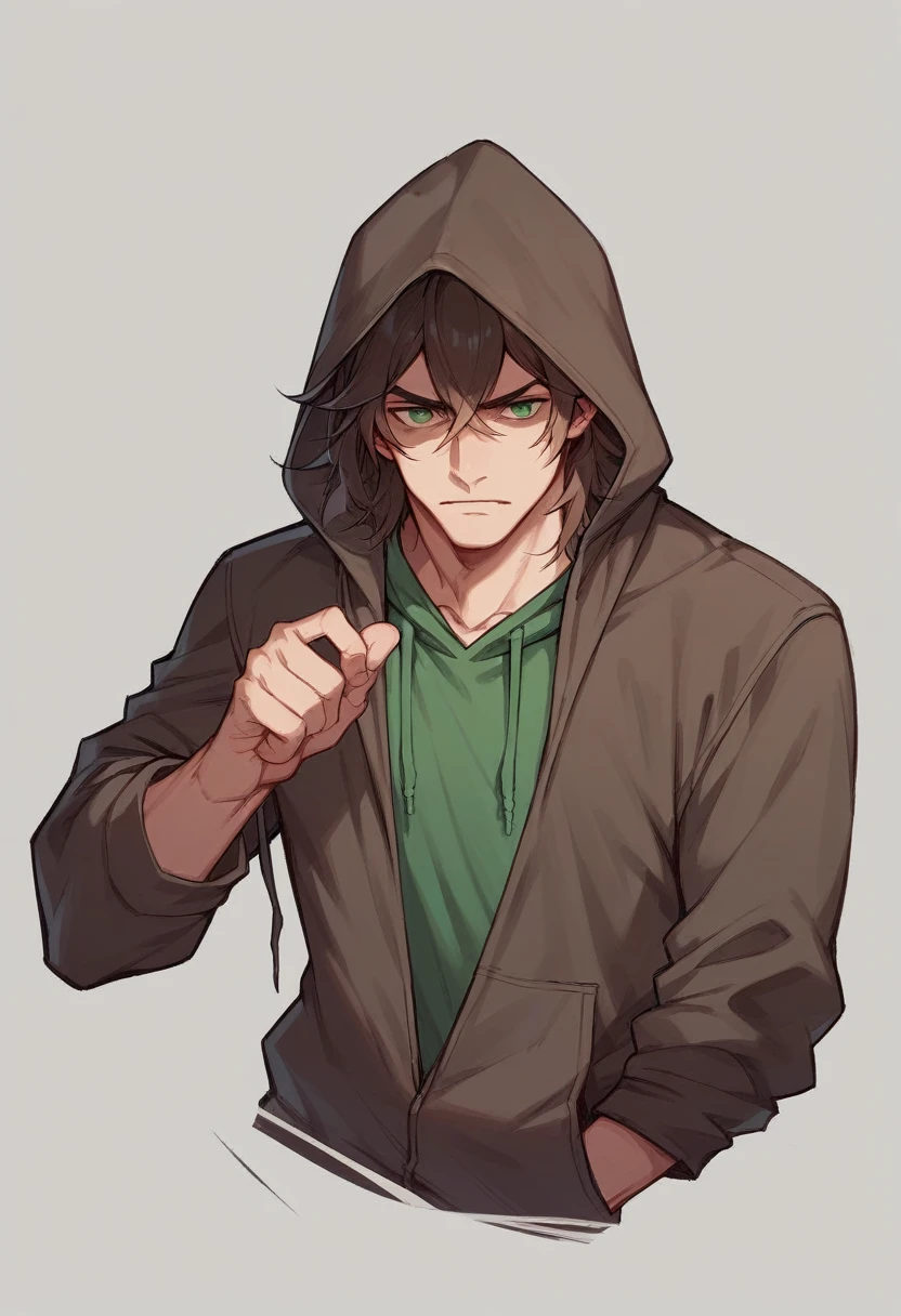 Stalker maniac, brown hair, green eyes, sinister, man, hoodie