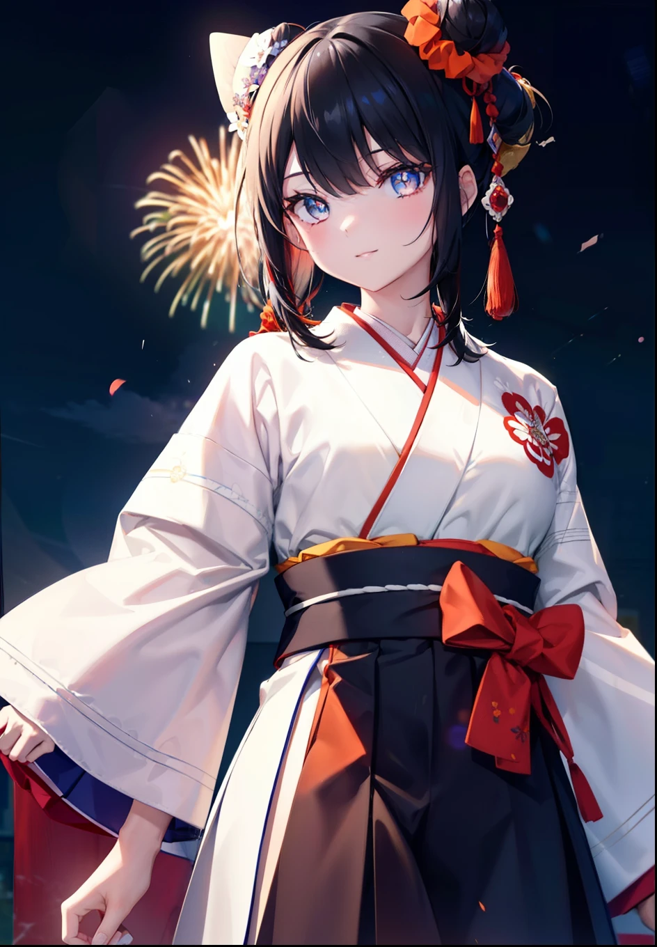 Takada Rokka, Black Hair, blue eyes, Long Hair, orange Scrunchie, Scrunchie, wrist Scrunchie,White Kimono,White long skirt,Thick sleeves,Sandals,日本のfestival,夏festivalの屋台,Red lantern,Hair Bun, double  Hair Bun,happy smile, smile, Open your mouth,Fireworks,The place is a fireworks display、Time is night,Walking,whole bodyがイラストに入るように,
break outdoors, festival,
break looking at viewer, whole body,(Cowboy Shot:1. 5),
break (masterpiece:1.2), Highest quality, High resolution, unity 8k wallpaper, (shape:0.8), (Fine and beautiful eyes:1.6), Highly detailed face, Perfect lighting, Highly detailed CG, (Perfect hands, Perfect Anatomy),
