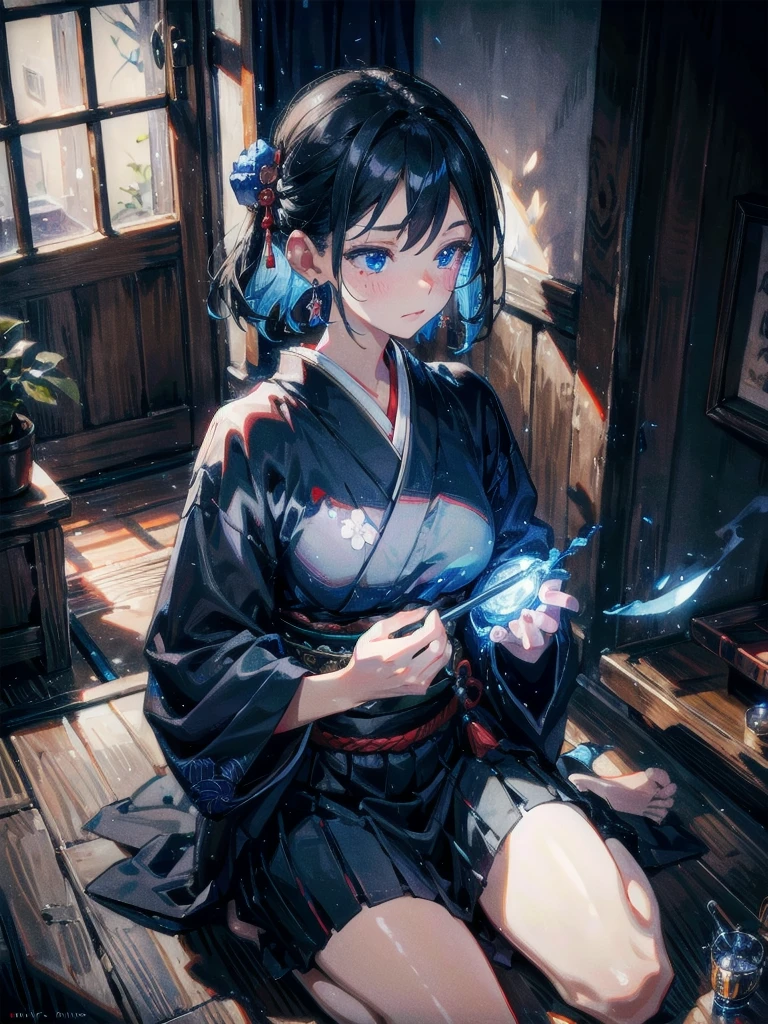 absurdres, RAW photo, extremely delicate and beautiful, masterpiece, Best Quality, ultra high resolution, 32k, hyperrealistic, ultra-detailed, in her 20s, delicate facial features, tearful mole, earring, medium breasts, full body shot, shorter middle hair, black hair, shuimobysim, Japanese kimono, ninja, samurai, sword with blue flames,