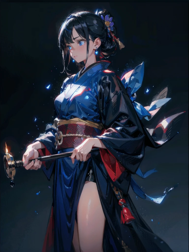 absurdres, RAW photo, extremely delicate and beautiful, masterpiece, Best Quality, ultra high resolution, 32k, hyperrealistic, ultra-detailed, in her 20s, delicate facial features, tearful mole, earring, medium breasts, full body shot, shorter middle hair, black hair, shuimobysim, Japanese kimono, ninja, samurai, sword with blue flames,