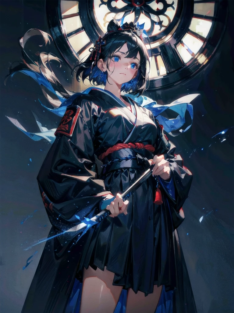 absurdres, RAW photo, extremely delicate and beautiful, masterpiece, Best Quality, ultra high resolution, 32k, hyperrealistic, ultra-detailed, in her 20s, delicate facial features, tearful mole, earring, medium breasts, full body shot, shorter middle hair, black hair, shuimobysim, Japanese kimono, ninja, samurai, sword with blue flames,