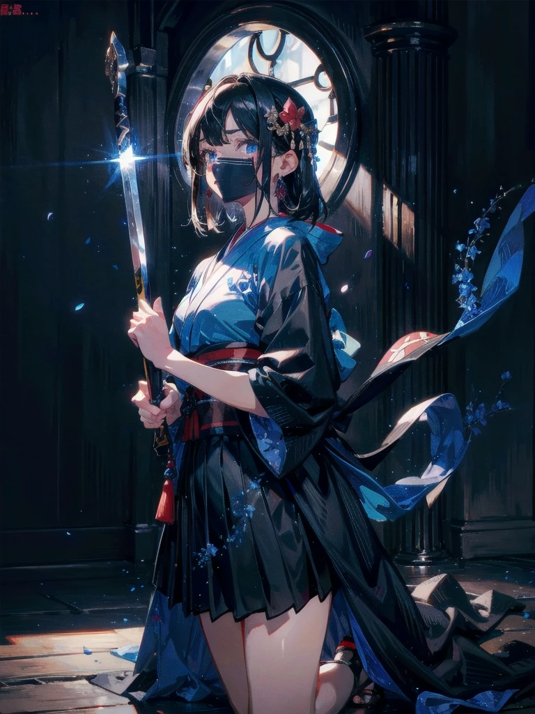 absurdres, RAW photo, extremely delicate and beautiful, masterpiece, Best Quality, ultra high resolution, 32k, hyperrealistic, ultra-detailed, in her 20s, delicate facial features, tearful mole, earring, medium breasts, full body shot, shorter middle hair, black hair, shuimobysim, Japanese kimono, ninja, samurai, sword with blue flames,