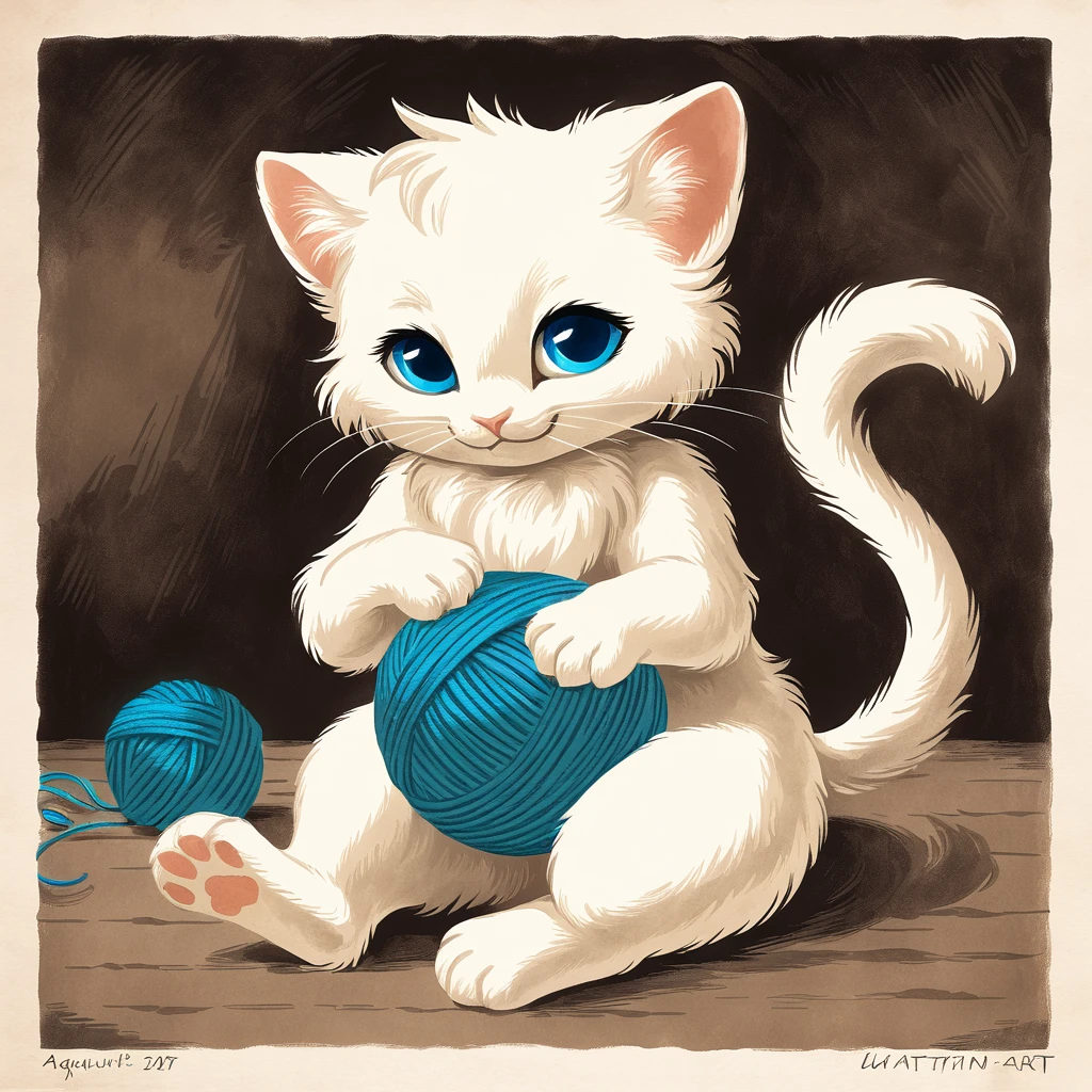 white kitten with blue eyes, playing with a ball of yarn in aquatint art style