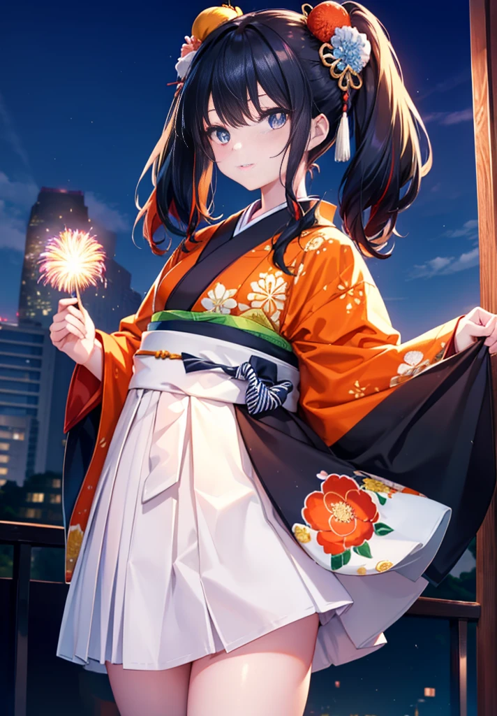 Takada Rokka, Black Hair, blue eyes, Long Hair, orange Scrunchie, Scrunchie, wrist Scrunchie,White Kimono,White long skirt,Thick sleeves,Sandals,日本のfestival,夏festivalの屋台,Red lantern,Hair Bun, double  Hair Bun,happy smile, smile, Open your mouth,Fireworks,The place is a fireworks display、Time is night,Walking,whole bodyがイラストに入るように,
break outdoors, festival,
break looking at viewer, whole body,(Cowboy Shot:1. 5),
break (masterpiece:1.2), Highest quality, High resolution, unity 8k wallpaper, (shape:0.8), (Fine and beautiful eyes:1.6), Highly detailed face, Perfect lighting, Highly detailed CG, (Perfect hands, Perfect Anatomy),