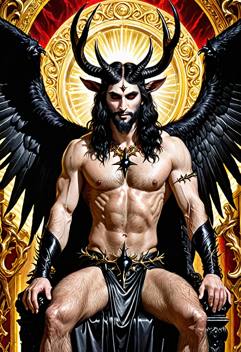 JesusChrist, rosto do Baphomet, pale skin, Eyes red, black lingo hair, crown of thorns on the head, muscled body, that branch, seminu, Satanic, antlers, goat legs, snake phallus, Antichrist, gothic horror, sitting in a gilded throne, profane deity, Lucifer, Erotic horror, appealing, malicious smile, angelic light aura, black angel wings.