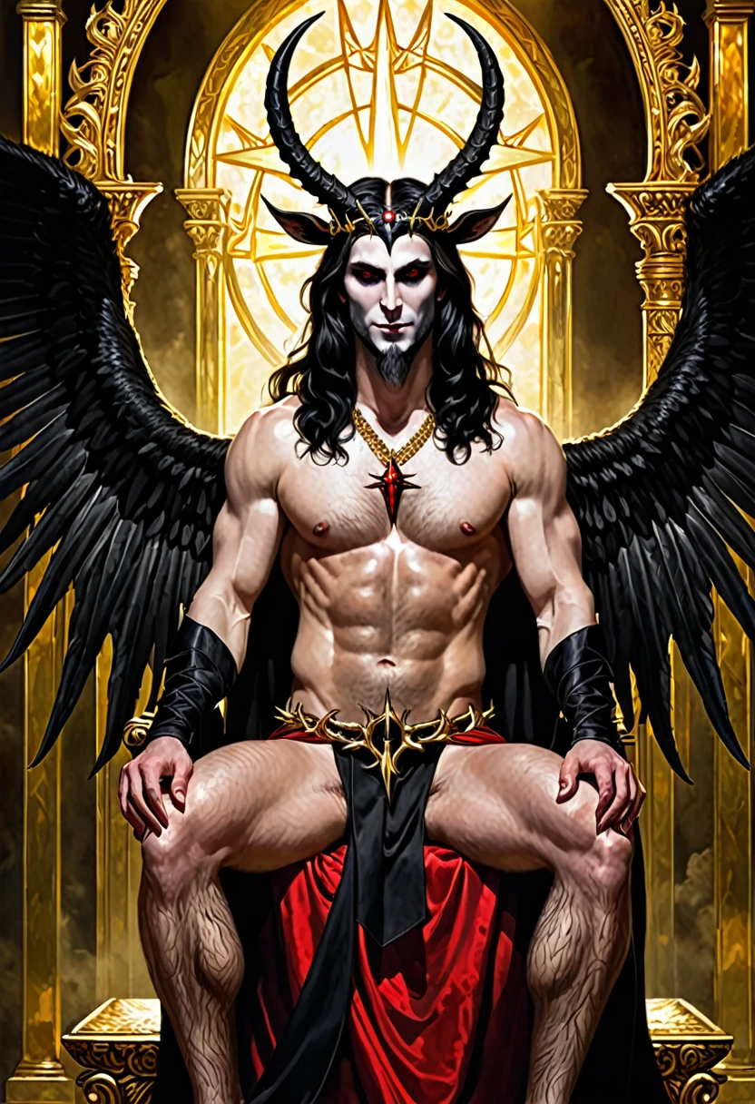 JesusChrist, rosto do Baphomet, pale skin, Eyes red, black lingo hair, crown of thorns on the head, muscled body, that branch, seminu, Satanic, antlers, goat legs, snake phallus, Antichrist, gothic horror, sitting in a gilded throne, profane deity, Lucifer, Erotic horror, appealing, malicious smile, angelic light aura, black angel wings.