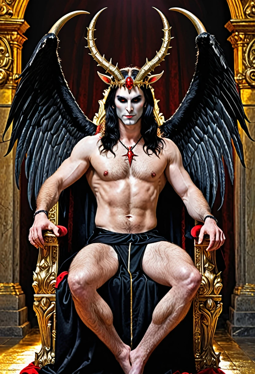 JesusChrist, rosto do Baphomet, pale skin, Eyes red, black lingo hair, crown of thorns on the head, muscled body, that branch, seminu, Satanic, antlers, goat legs, snake phallus, Antichrist, gothic horror, sitting in a gilded throne, profane deity, Lucifer, Erotic horror, appealing, malicious smile, angelic light aura, black angel wings.