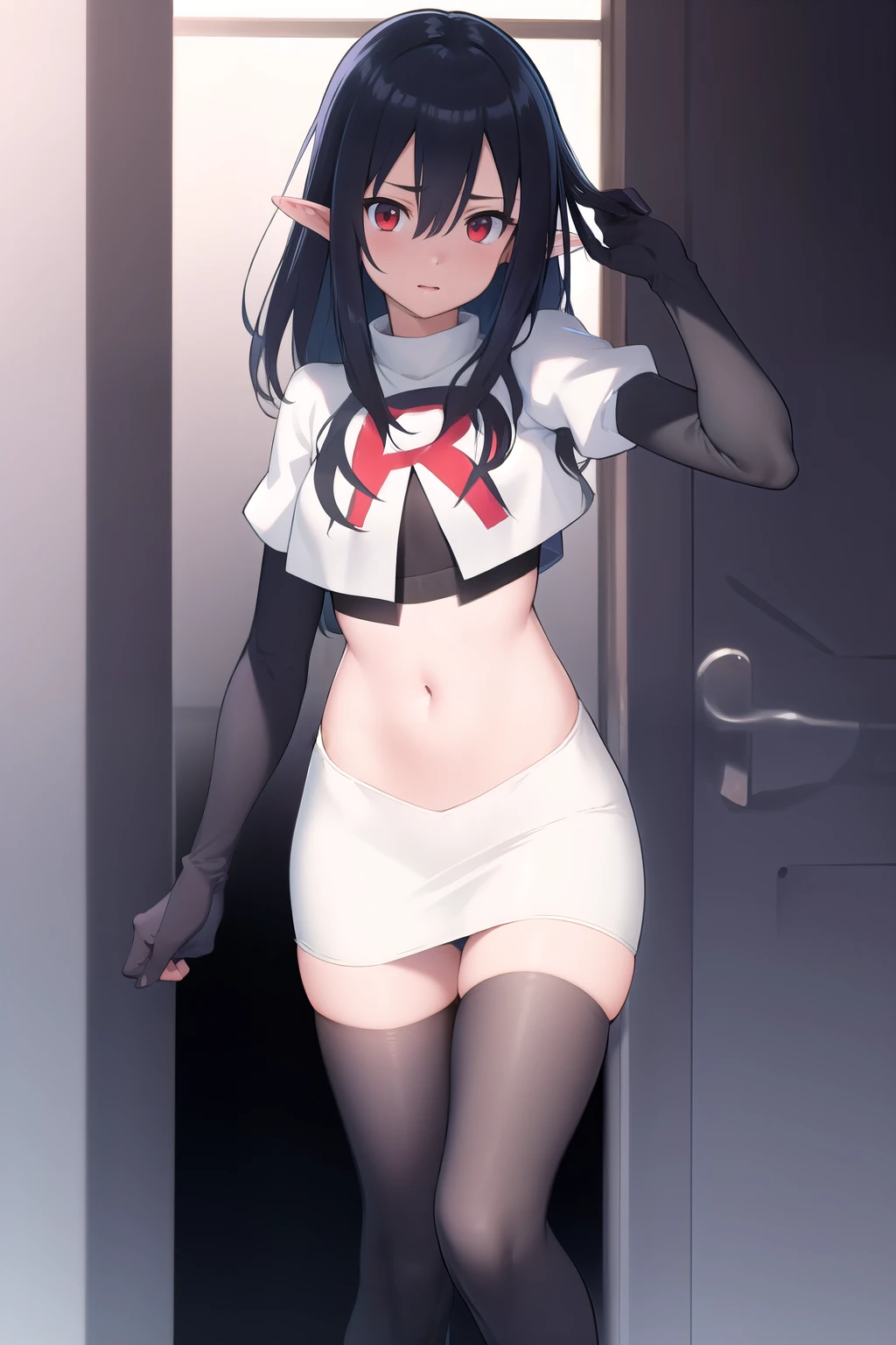 ((masterpiece)),(best quality),official art,extremely detailed CG,unity 8k wallpaper,ultra detailed,1girl,solo,black_hair,pointy_ears,long_hair,red_eyes,looking_at_viewer,bangs,hair_between_eyes,team rocket,team rocket uniform,white skirt,red letter R,crop top,black thigh-highs,black elbow gloves