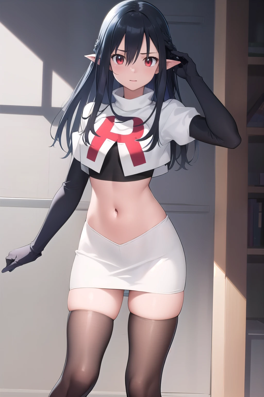 ((masterpiece)),(best quality),official art,extremely detailed CG,unity 8k wallpaper,ultra detailed,1girl,solo,black_hair,pointy_ears,long_hair,red_eyes,looking_at_viewer,bangs,hair_between_eyes,team rocket,team rocket uniform,white skirt,red letter R,crop top,black thigh-highs,black elbow gloves